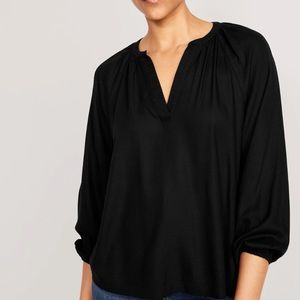 Black Long Sleeve Split-Neck Top